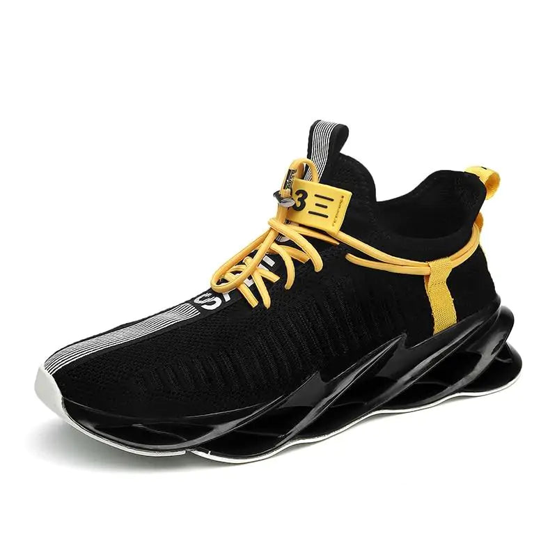 Black knit athletic sneaker with yellow laces and accents, featuring a chunky sculpted sole and striped detail on the toe.

