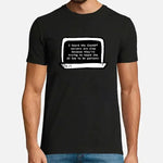 A black short-sleeve T-shirt worn by a person, featuring a white hand-drawn computer monitor graphic on the chest. Inside the screen is a humorous ChatGPT-themed message about slow servers and teaching AI to be patient.