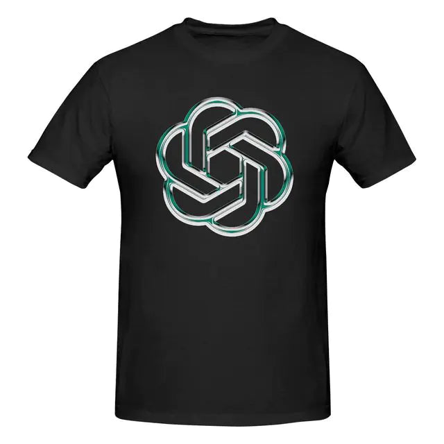 Black graphic T-shirt with a large interlocking logo print on the front.
