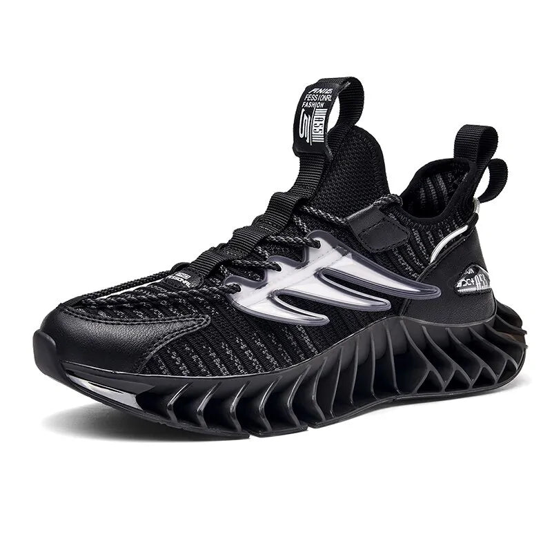 A black futuristic athletic sneaker with glossy and mesh paneling, lace-up closure, and gray cage-like side detailing. The shoe features red accents on the toe, outsole, and “SPORT” text, along with a bold sculpted sole with fin-like ridges and a modern performance-inspired silhouette.