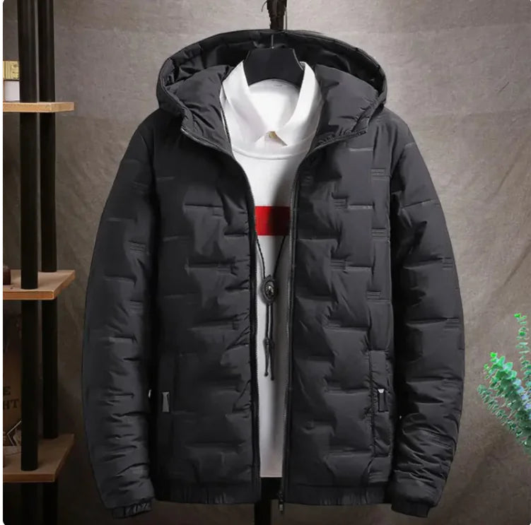 A black puffer jacket with a hood is displayed on a hanger over a white collared shirt with a red horizontal stripe. The jacket has a quilted design with rectangular stitching patterns and features a zipper closure. The shirt underneath is slightly visible, adding contrast. The background consists of a neutral-toned fabric backdrop, with wooden shelves on the left and a small green plant on the right