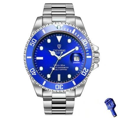 A stylish blue dial Tevise quartz dive watch with a metal band, featuring a date function and water resistance up to 30 meters.
