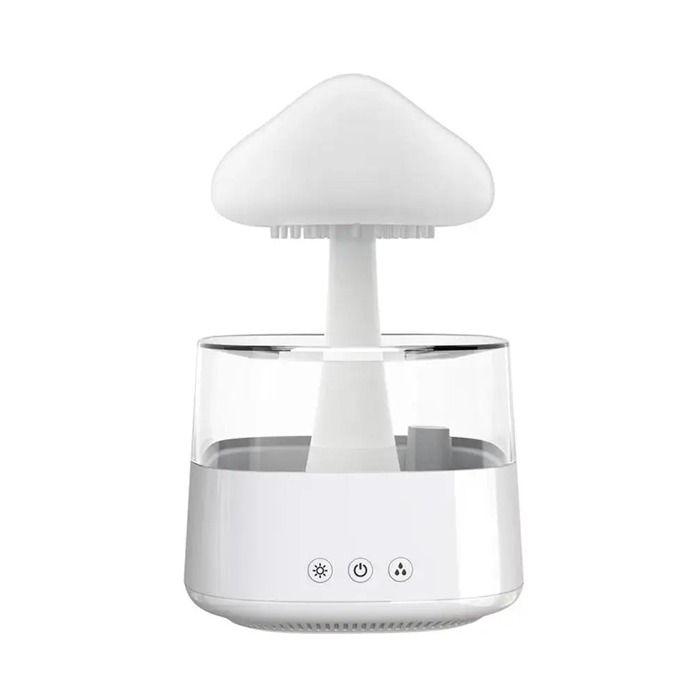 Cloud-shaped rain humidifier/aroma diffuser with a wood-grain base and clear water tank, shown dripping “rain” into the reservoir beside an RGB remote control.