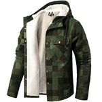 A green and black checkered jacket with a white fleece lining inside, featuring a hood and multiple front pockets.
