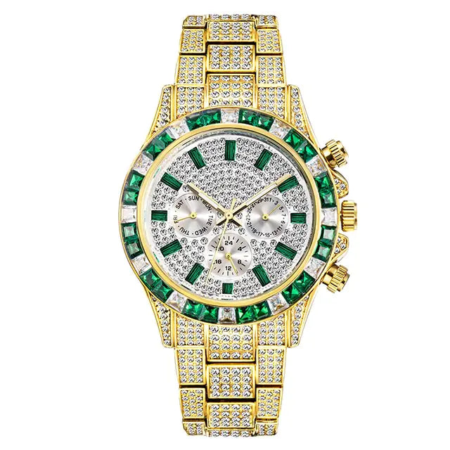 Gold-tone rhinestone-covered wristwatch with a multicolor gem bezel and matching jeweled bracelet band, featuring three subdials on the face.