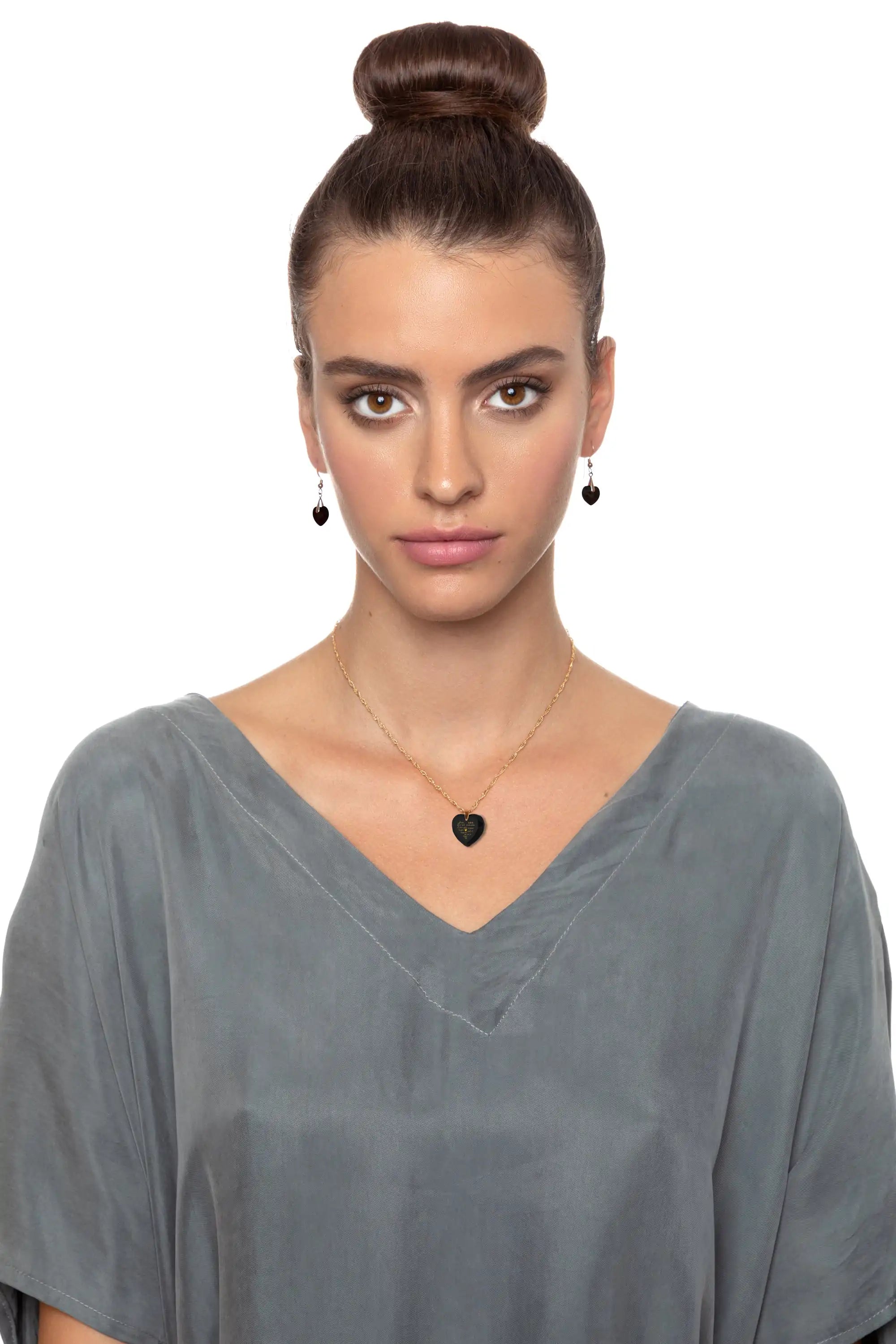 Woman wearing I Love You Gold Necklace Set