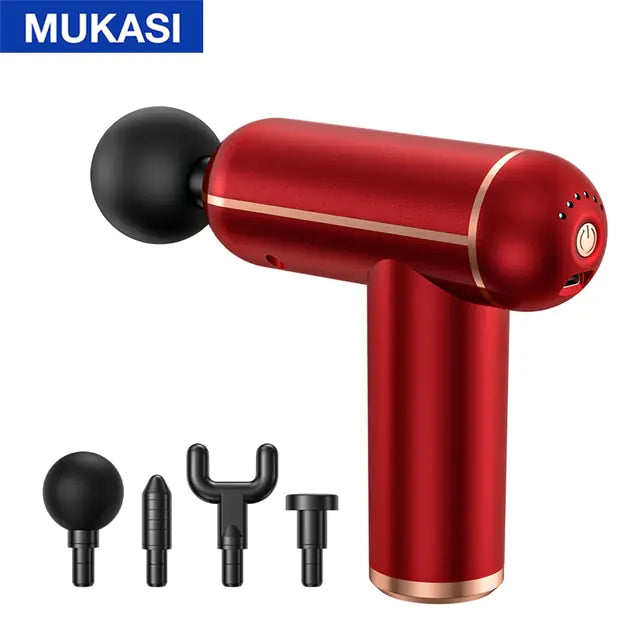 Red handheld massage gun with a black round massage head attached and four interchangeable attachments displayed below, with the brand name “MUKASI” in the top-left corner.