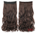 Two views of a long wavy halo hair extension with blended brown highlights, shown front and back on a white background with the label “Brown ”