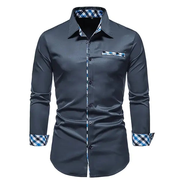 Navy blue long-sleeve button-up shirt with plaid trim on the collar, cuffs, placket and chest pocket detail.
