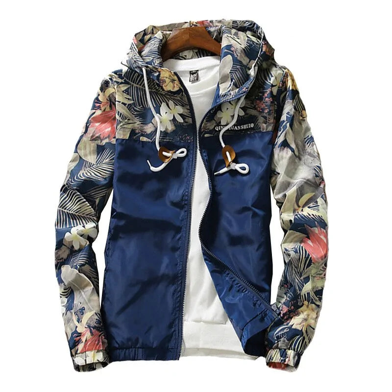 Navy hooded jacket with floral print sleeves, zip front and drawstring details.
