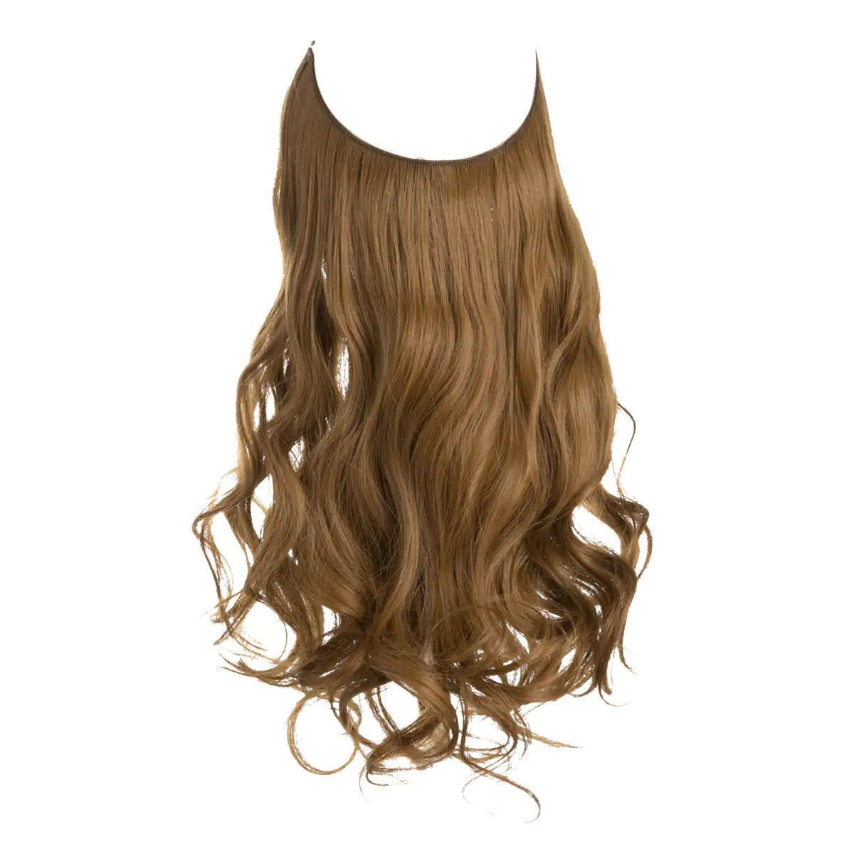 A light-to-medium brown halo hair extension shown on a white background, with long loose waves and curled ends hanging from a thin, clear wire band at the top.