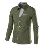 Olive green long-sleeve button-up dress shirt with a chest pocket and contrasting patterned trim on the inner collar, placket, and cuffs, shown on a white background.