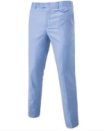 A pair of light blue trousers displayed against a plain white background. The trousers have a straight-leg cut, a button and zipper closure, and a small buttoned pocket on the right side near the waistband