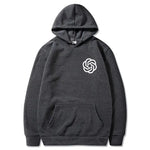 Dark grey pullover hoodie with kangaroo pocket and small white logo print on the chest.
