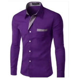 Purple long-sleeve button-up dress shirt with gray contrast trim on the collar and chest pocket, shown on a white background.