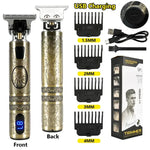 Product collage of a rechargeable hair trimmer showing front and back views, labeled “USB Charging,” with three clipper guards (1mm, 2mm, 3mm), a USB cable, cleaning brush, oil bottle, blade cover, and the retail box on a white background.