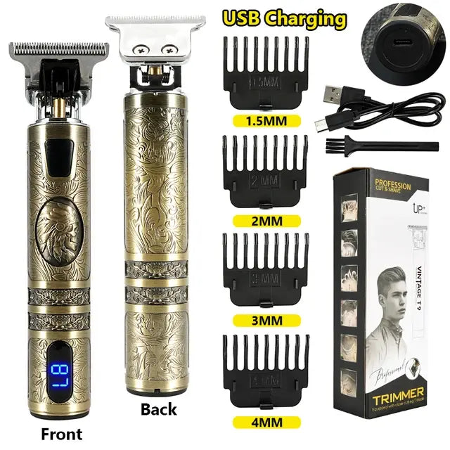 Product collage of a rechargeable hair trimmer showing front and back views, labeled “USB Charging,” with three clipper guards (1mm, 2mm, 3mm), a USB cable, cleaning brush, oil bottle, blade cover, and the retail box on a white background.