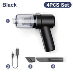 Black 4-piece set of a handheld mini vacuum with a clear dust cup, plus a USB charging cable, a small brush attachment, and a long crevice nozzle, labeled “Black” and “4PCS Set.