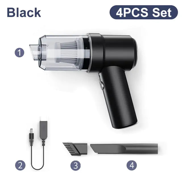 Black 4-piece set of a handheld mini vacuum with a clear dust cup, plus a USB charging cable, a small brush attachment, and a long crevice nozzle, labeled “Black” and “4PCS Set.
