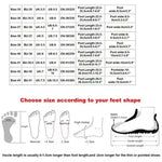 Shoe size chart showing EU, UK, US and foot length measurements, with fit guidance by foot shape.