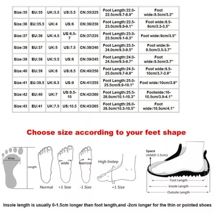 Shoe size chart showing EU, UK, US and foot length measurements, with fit guidance by foot shape.