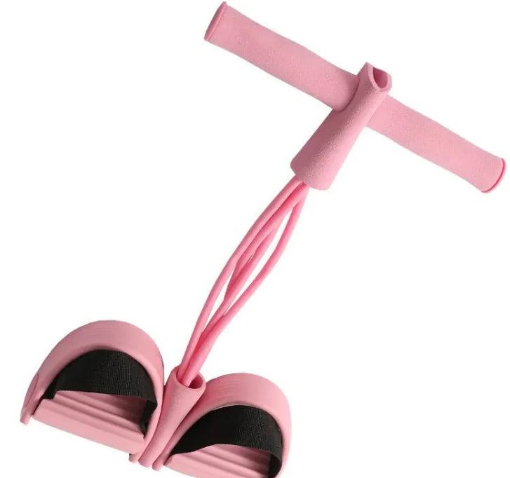 Pink resistance band exerciser with foam-covered handlebar and dual foot pedals, connected by four elastic tubes. Designed for home workouts, stretching, or strength training. Displayed against a white background.