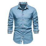 Men’s light blue long-sleeve shirt with check trim.
