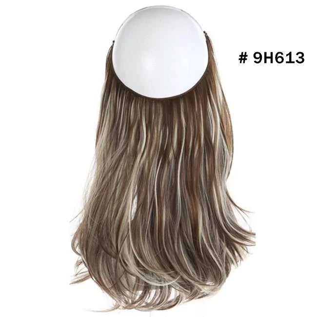 Long straight-to-wavy hair topper extension in ash brown with cool blonde highlights, shown on a white background with the color code “# 9H613” in the corner.
