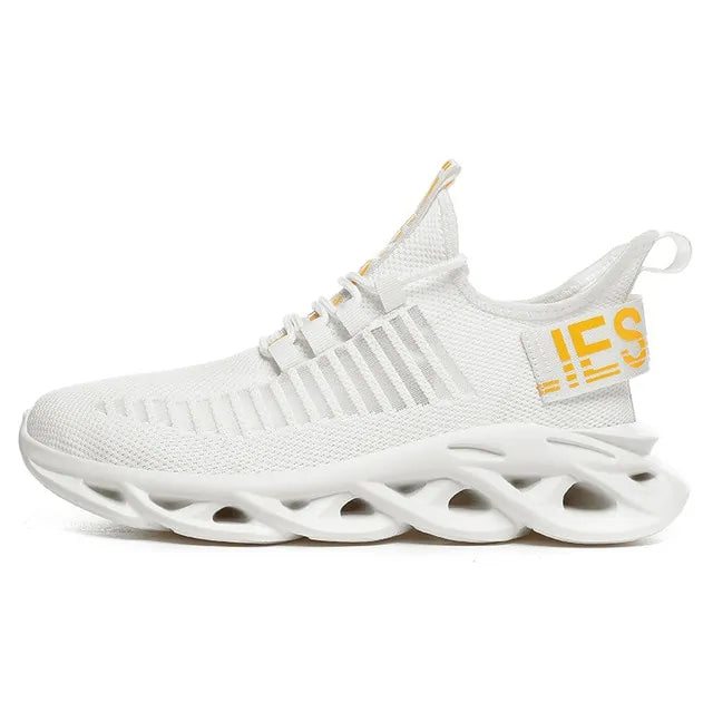 White knit sneaker with striped side detail and chunky hollow sole.