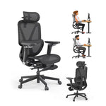 Black ergonomic office chair with multiple views and a person using it.