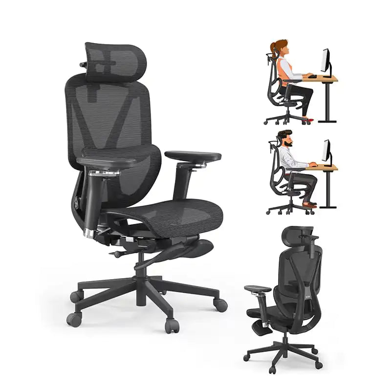 Black ergonomic office chair with multiple views and a person using it.