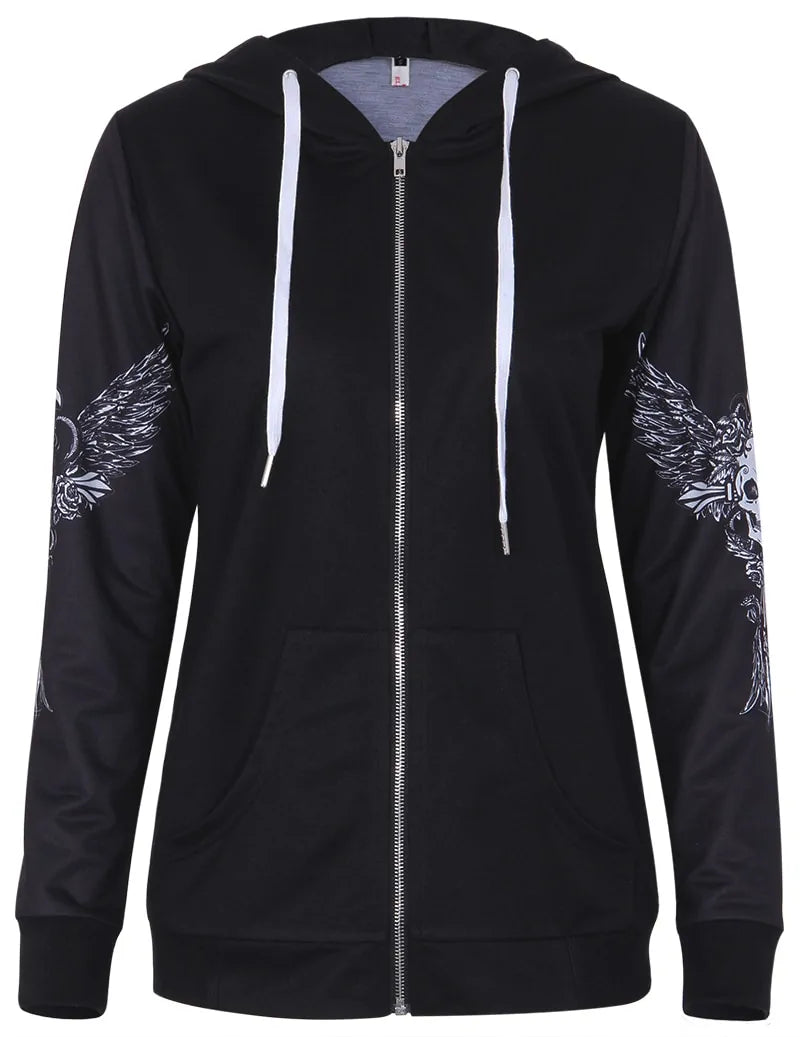 Black hoodie featuring angel wings and skull design on the front