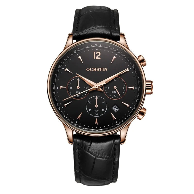 Black OCHSTIN chronograph-style wristwatch with a rose-gold case and black leather strap.