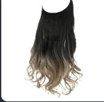 Collage showing a long, wavy dark-brown (“castanho escuro”) hair extension piece: back view of it worn, the extension shown separately, and a close-up of the clip/attachment band.