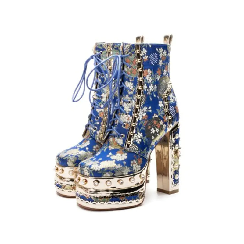 Floral Embellished Platform Ankle Boots