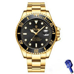 Gold-toned metal wristwatch with a black dial and black rotating bezel, featuring luminous hour markers and hands, a date magnifier at 3 o’clock, and a matching gold link bracelet on a white background.
