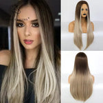 Long straight ombre wig with dark brown roots fading into light ash brown lengths, featuring a full fringe, shown on a mannequin from front, side, and back views with a smooth, natural-looking finish.