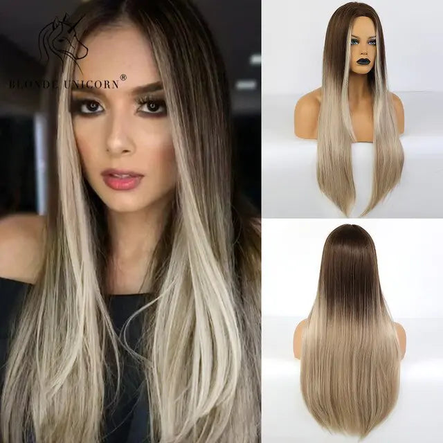 Long straight ombre wig with dark brown roots fading into light ash brown lengths, featuring a full fringe, shown on a mannequin from front, side, and back views with a smooth, natural-looking finish.
