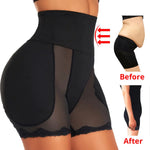 A black high-waisted shapewear short with firm tummy-control support, sheer mesh side panels, and lace trim along the leg openings. The image also includes before-and-after side-view insets to highlight the smoothing and sculpting effect.