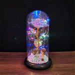 Artificial white rose inside a glass dome, wrapped with warm string lights on a wooden base, displayed on a table against a dark background.