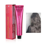 Pink box and tube of “MAJOR Matrix Shoupin Color” hair dye (1:1 ratio, 100 ml) with an inset photo showing wavy gray-colored hair.