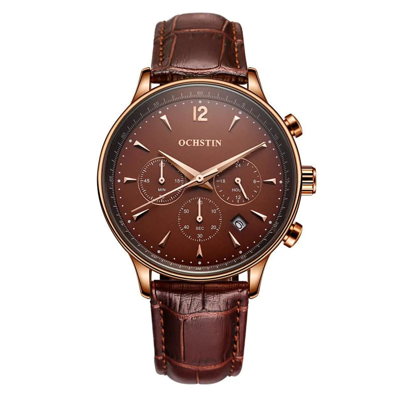 Brown chronograph wristwatch with a rose gold-tone case, featuring a dark brown dial with sub-dials for minutes, hours, and seconds, and a matching brown leather strap, branded ‘OCHSTIN.