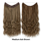 Two long wavy hair extension wefts shown front and back in a medium ash-brown shade, with the label “Medium Ash Brown” on a white background.