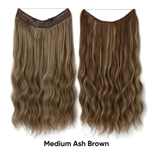 Two long wavy hair extension wefts shown front and back in a medium ash-brown shade, with the label “Medium Ash Brown” on a white background.
