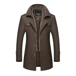 Charcoal gray double-breasted coat with a wide lapel collar, button front, zip chest pocket, side pockets, and patterned inner lining.