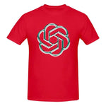 Red T-shirt with OpenAI logo graphic.