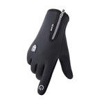 Black sports glove displayed on a white background, featuring a wrist zipper, small logo patches on the back of the hand, and a touch-screen icon on the index fingertip.