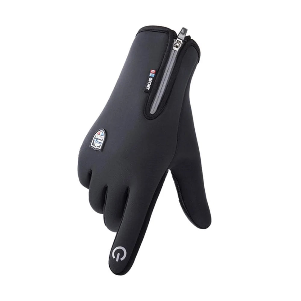 Black sports glove displayed on a white background, featuring a wrist zipper, small logo patches on the back of the hand, and a touch-screen icon on the index fingertip.