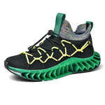Black knit slip-on sneaker with neon yellow bungee-style lacing, a multicolor speckled collar, green pull tabs, and a bright green sculpted “ribbed” outsole on a white background.