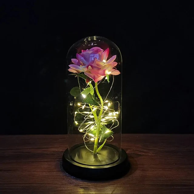 A pink rose inside a clear glass dome, wrapped with warm white fairy lights on a black base, sitting on a dark wooden table against a black background.